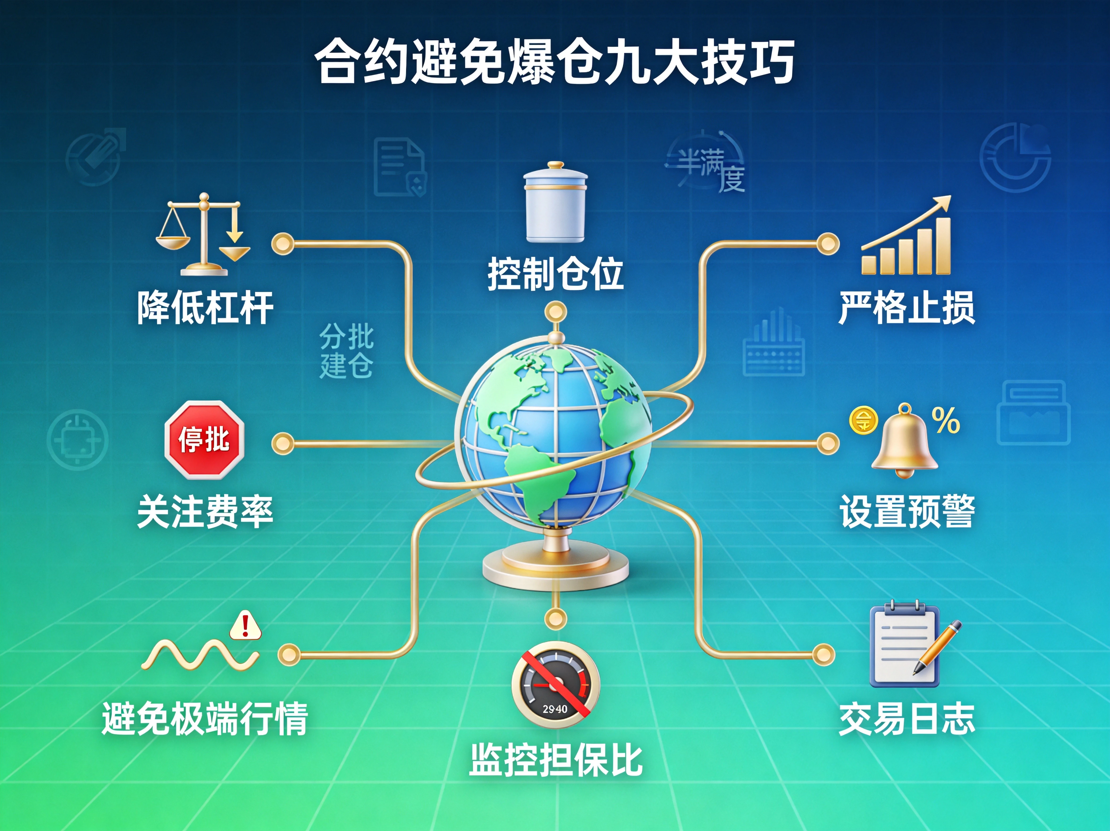 合约避免爆仓九大技巧全景图,降低杠杆、控制仓位、严格止损、分批建仓、关注费率等要点可视化 合约避免爆仓九大技巧全景图,降低杠杆、控制仓位、严格止损、分批建仓、关注费率等要点可视化