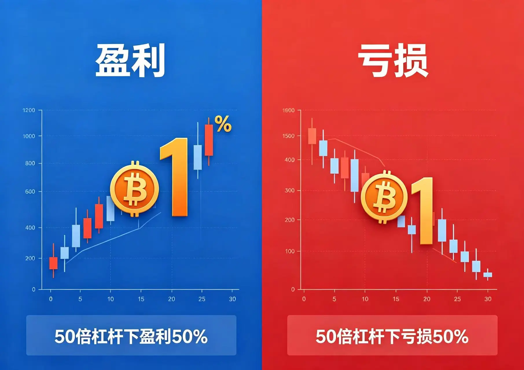 50 倍杠杆盈亏对比图，展示比特币 1% 波动下本金 50% 的盈亏幅度