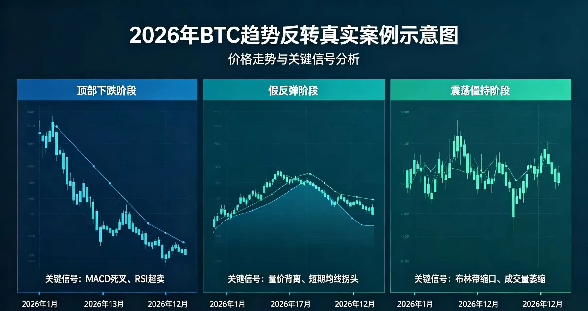 BTC 趋势反转案例，呈现顶部下跌、假反弹和震荡僵持阶段的价格走势与关键信号