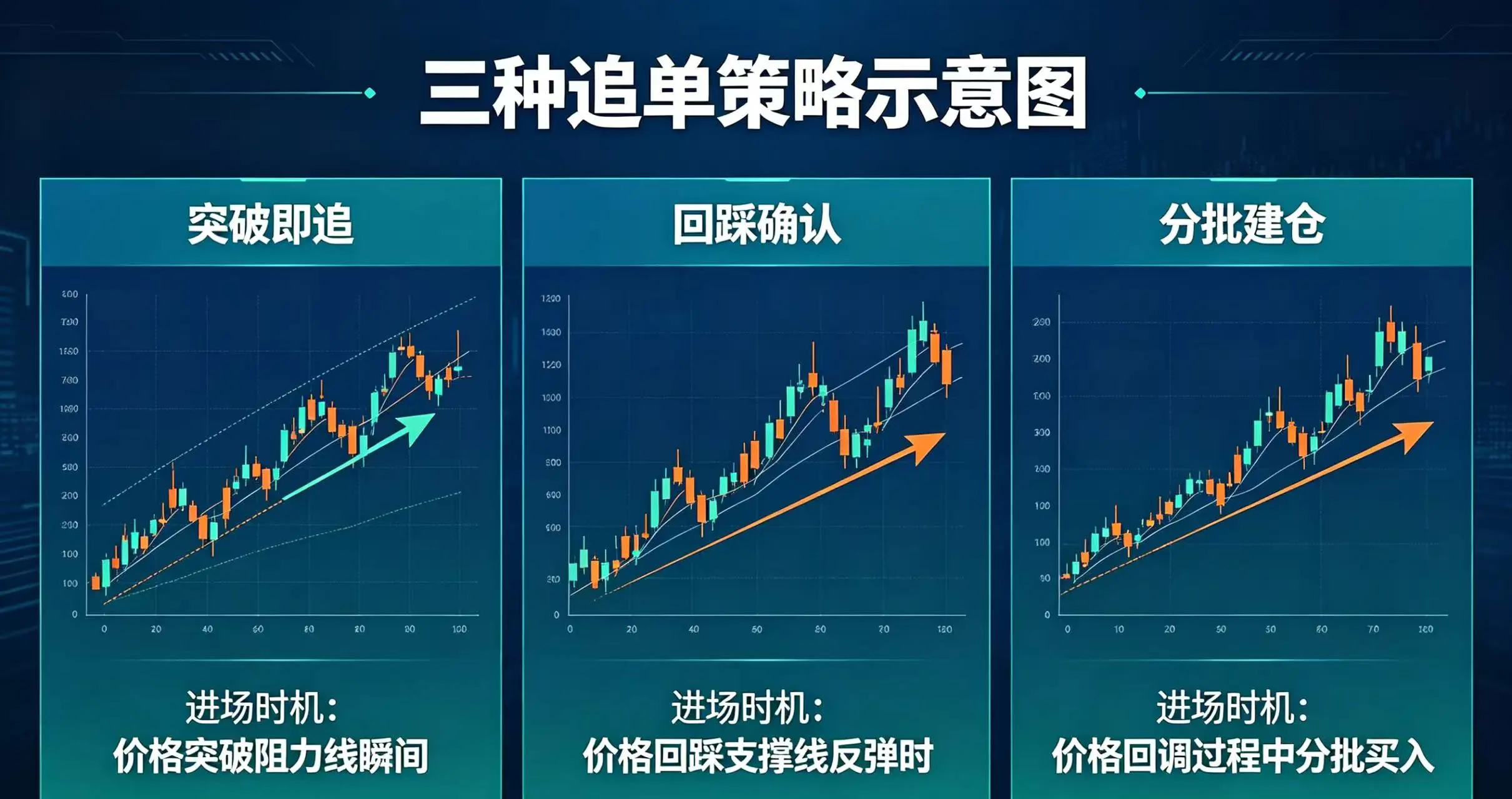 三种追单策略示意图,直观呈现突破即追、回踩确认、分批建仓三种追单方式的进场时机 三种追单策略示意图,直观呈现突破即追、回踩确认、分批建仓三种追单方式的进场时机