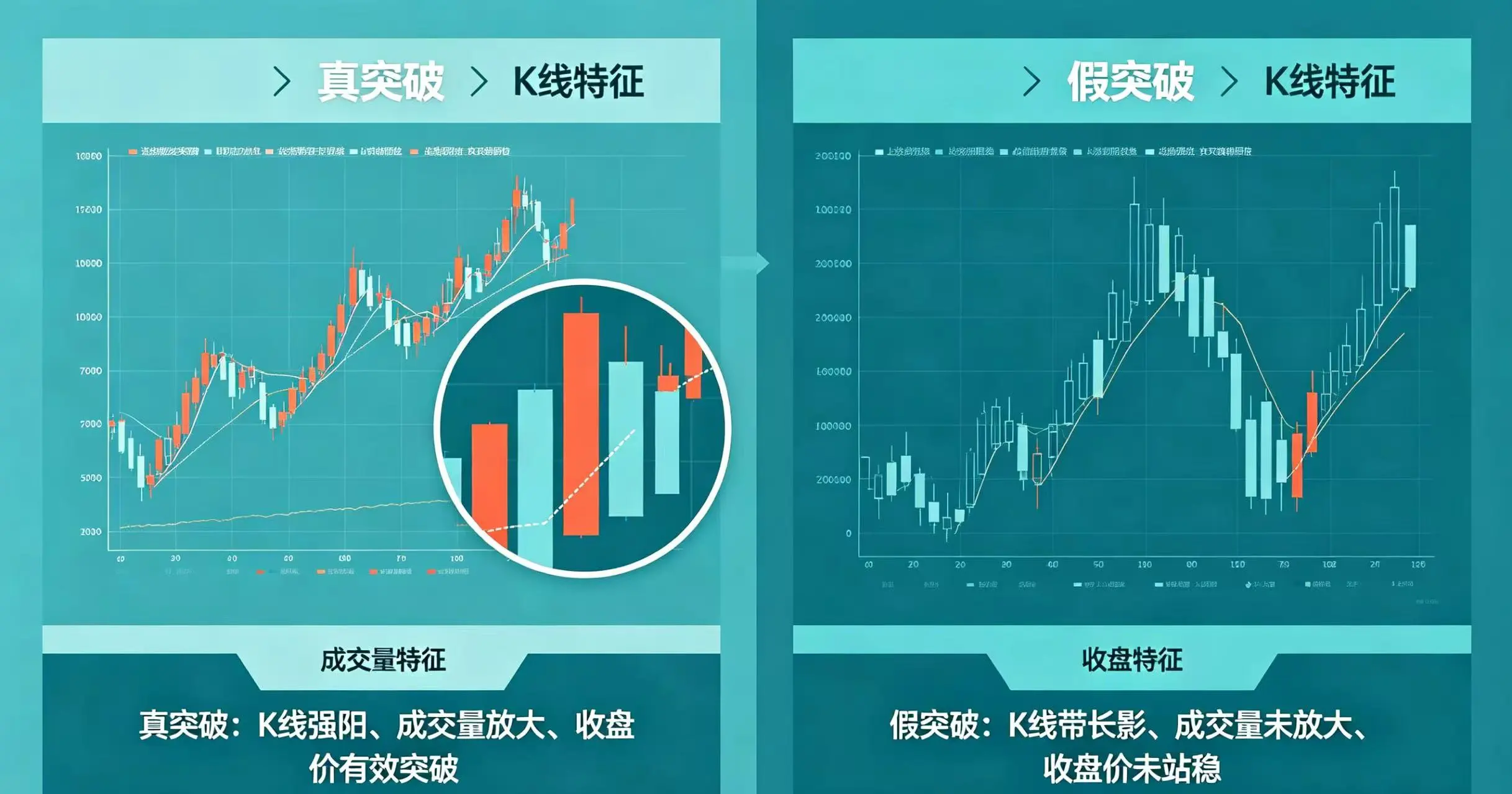 真假突破对比图,清晰展示真突破和假突破的 K 线、成交量和收盘特征差异 真假突破对比图,清晰展示真突破和假突破的 K 线、成交量和收盘特征差异
