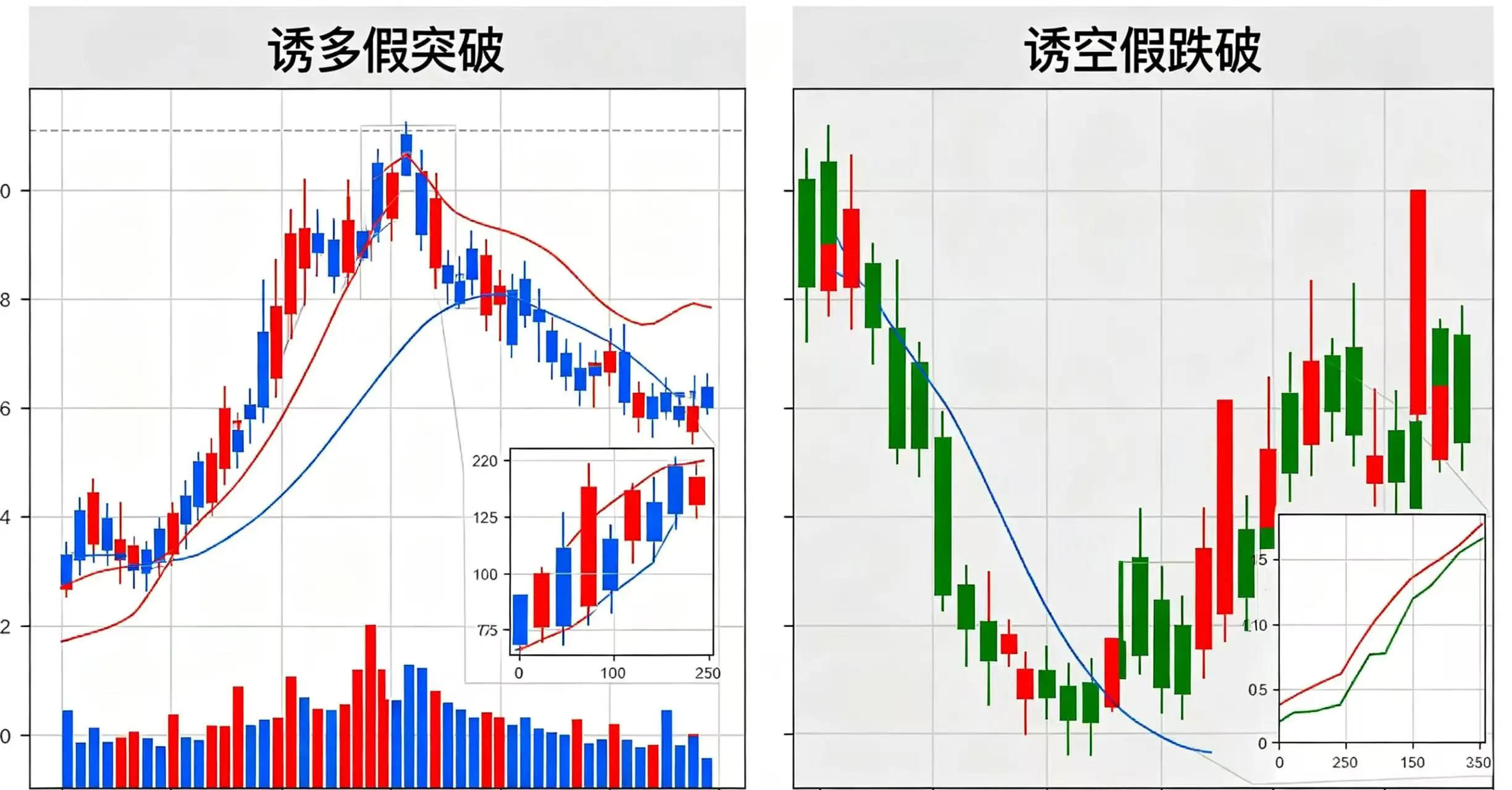 诱多诱空对比示意图，清晰呈现诱多假突破和诱空假跌破的 K 线形态。