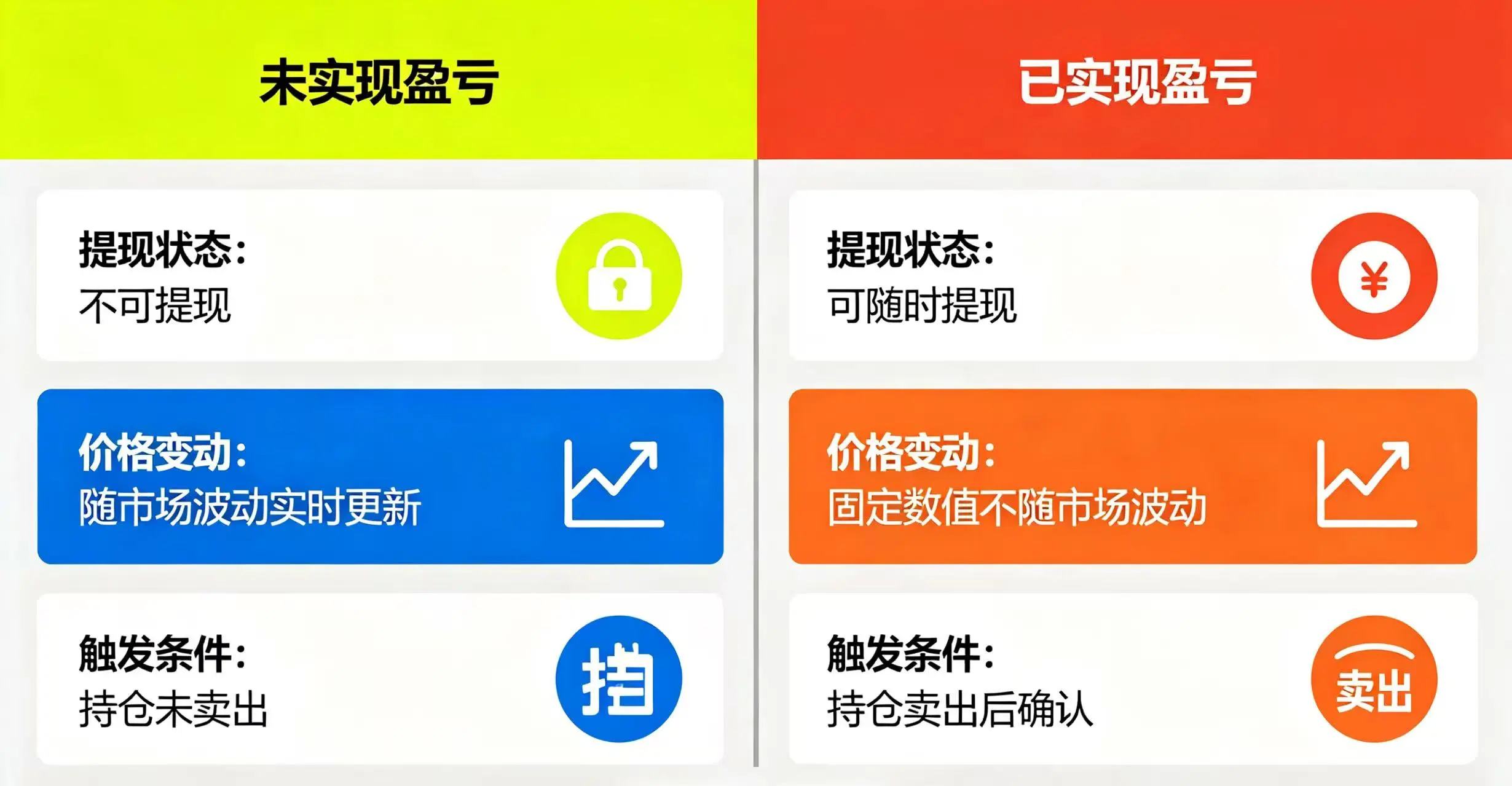 未实现与已实现盈亏对比示意图，清晰呈现两者在提现、价格变动、触发条件上的区别。