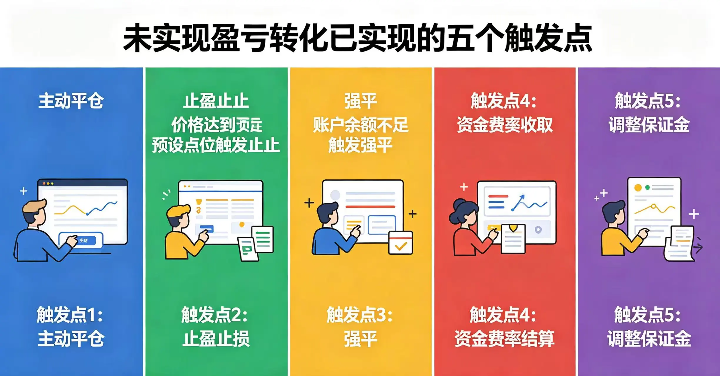 未实现盈亏转化已实现的五个触发点示意图，展示主动平仓、止盈止损、强平、资金费率结算、调整保证金。