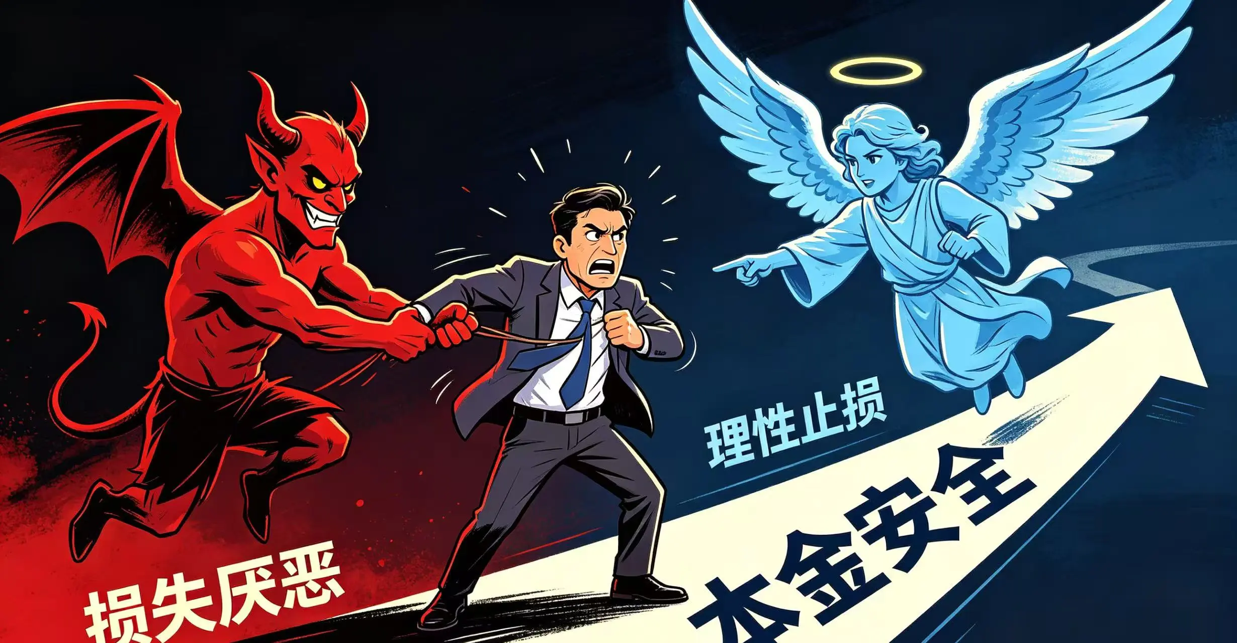  一个交易者脑海中的博弈，左边是代表 “损失厌恶” 的红色魔鬼，右边是代表 “理性止损” 的蓝色天使。