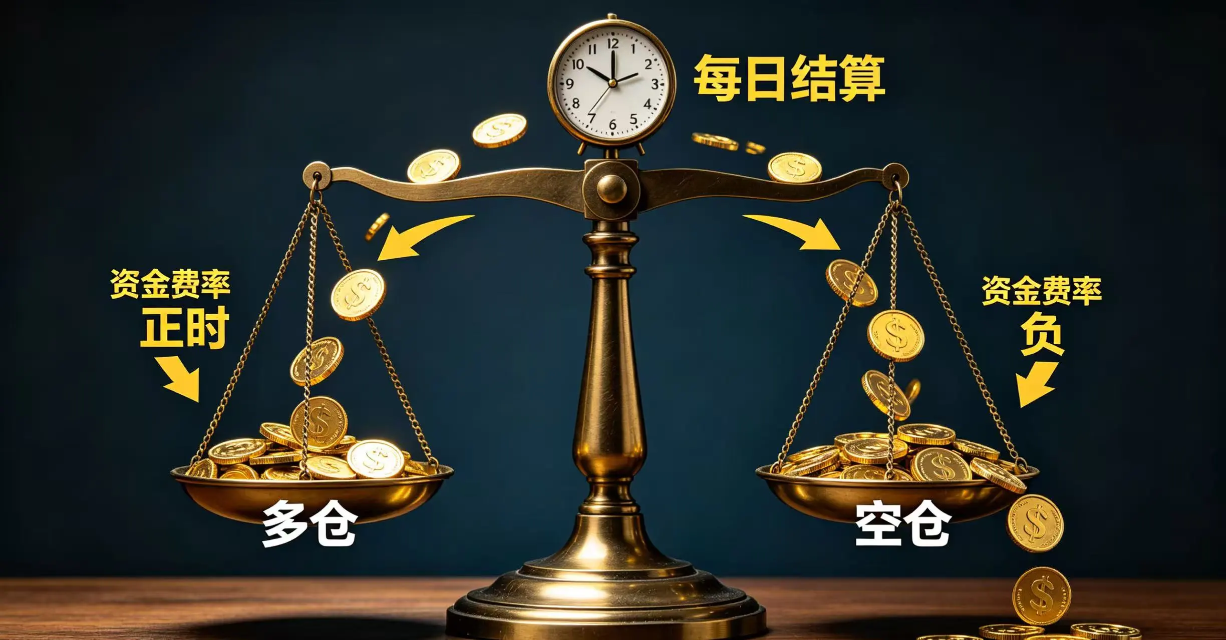 一个天平,两端的 “多仓” 和 “空仓” 根据资金费率的正负进行金币的划转,上方有一个定时结算的时钟。 一个天平,两端的 “多仓” 和 “空仓” 根据资金费率的正负进行金币的划转,上方有一个定时结算的时钟。