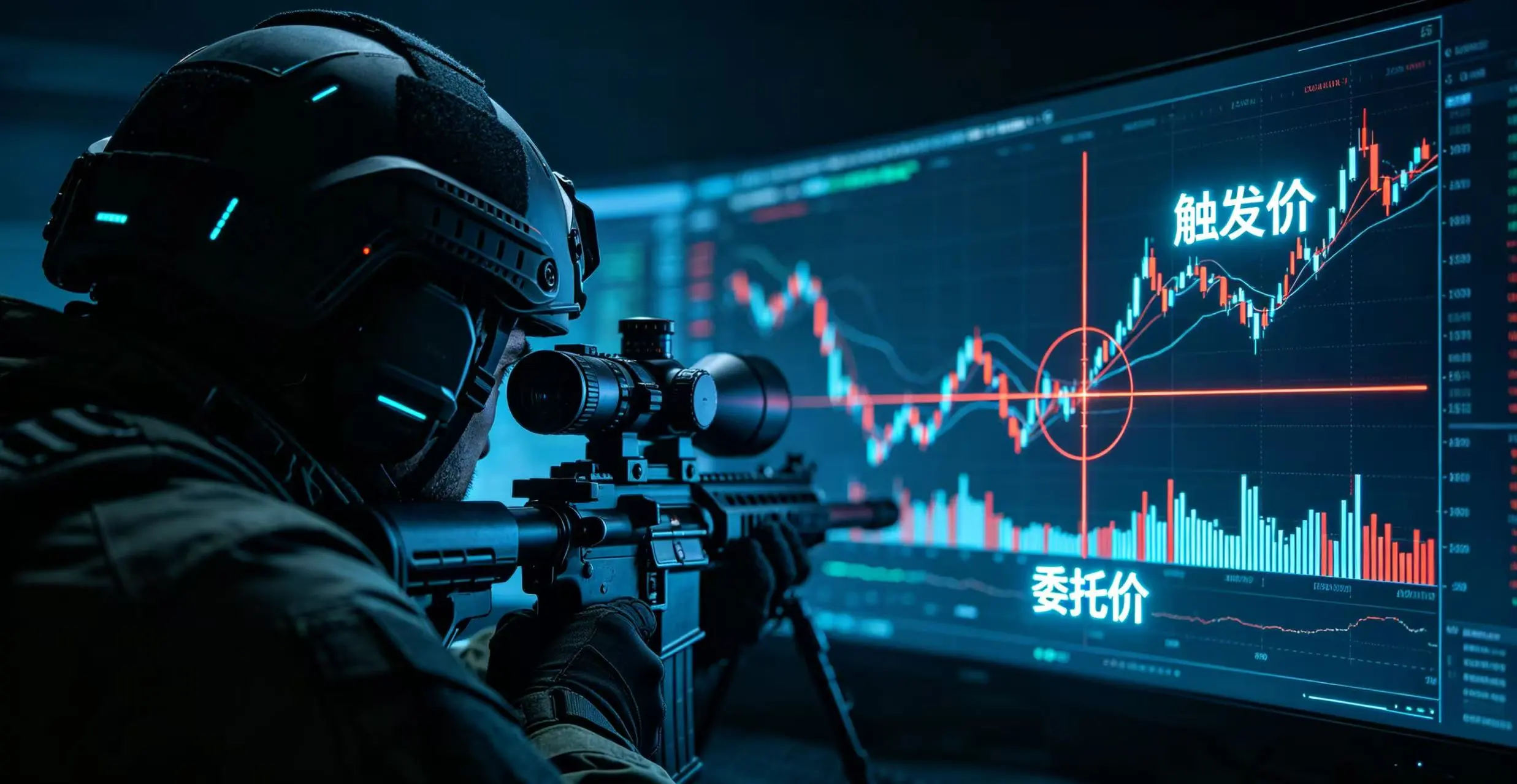 狙击手瞄准 K 线图，精准锁定委托订单触发价的示意图