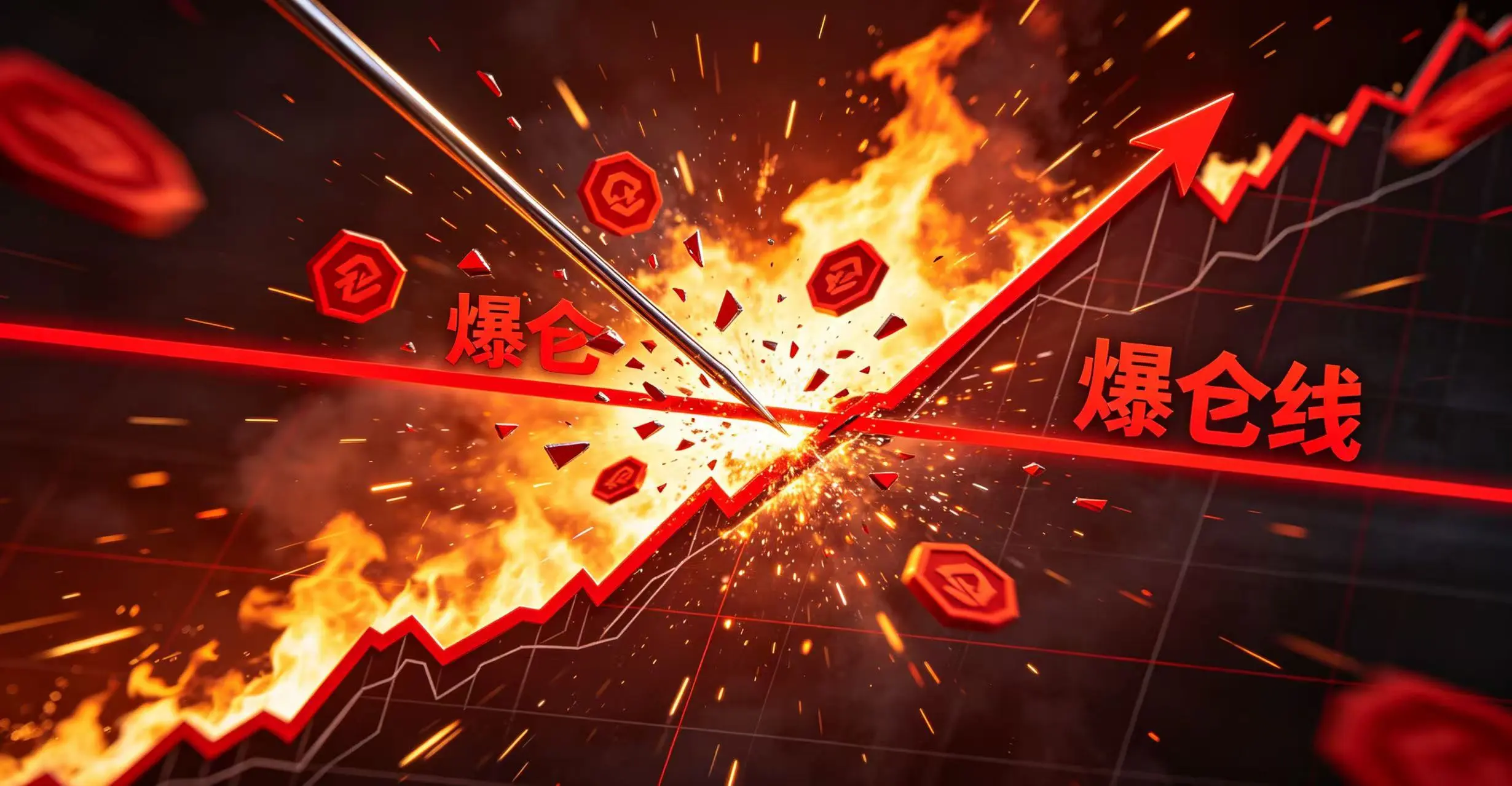 K 线图插针瞬间刺穿爆仓线，导致多单爆仓的示意图。