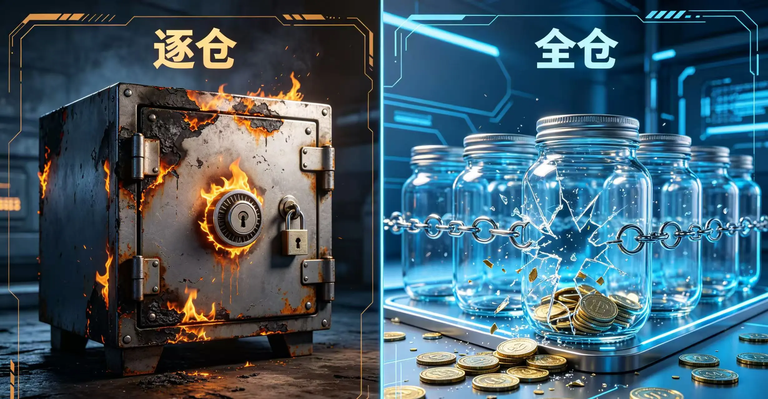 逐仓模式如坚固保险箱，全仓模式如连锁碎裂的玻璃罐，对比两者风险。