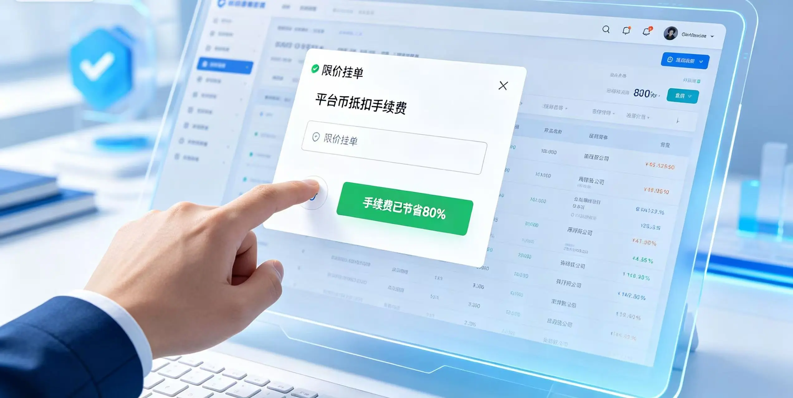 展示用户通过挂单、使用平台币等方式，成功降低交易手续费的场景，突出 “省钱” 和 “优化” 的主题。