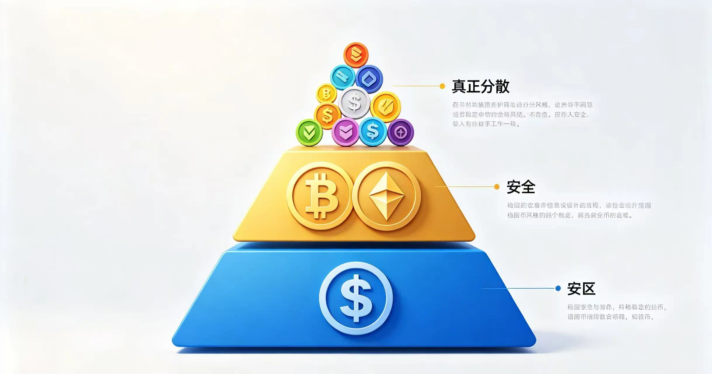 展示一个稳固的三层配置框架,底层是稳定的稳定币,中间是核心的大市值币种,顶层是高增长的小市值币种,以此来实现真正的风险分散。 展示一个稳固的三层配置框架,底层是稳定的稳定币,中间是核心的大市值币种,顶层是高增长的小市值币种,以此来实现真正的风险分散。