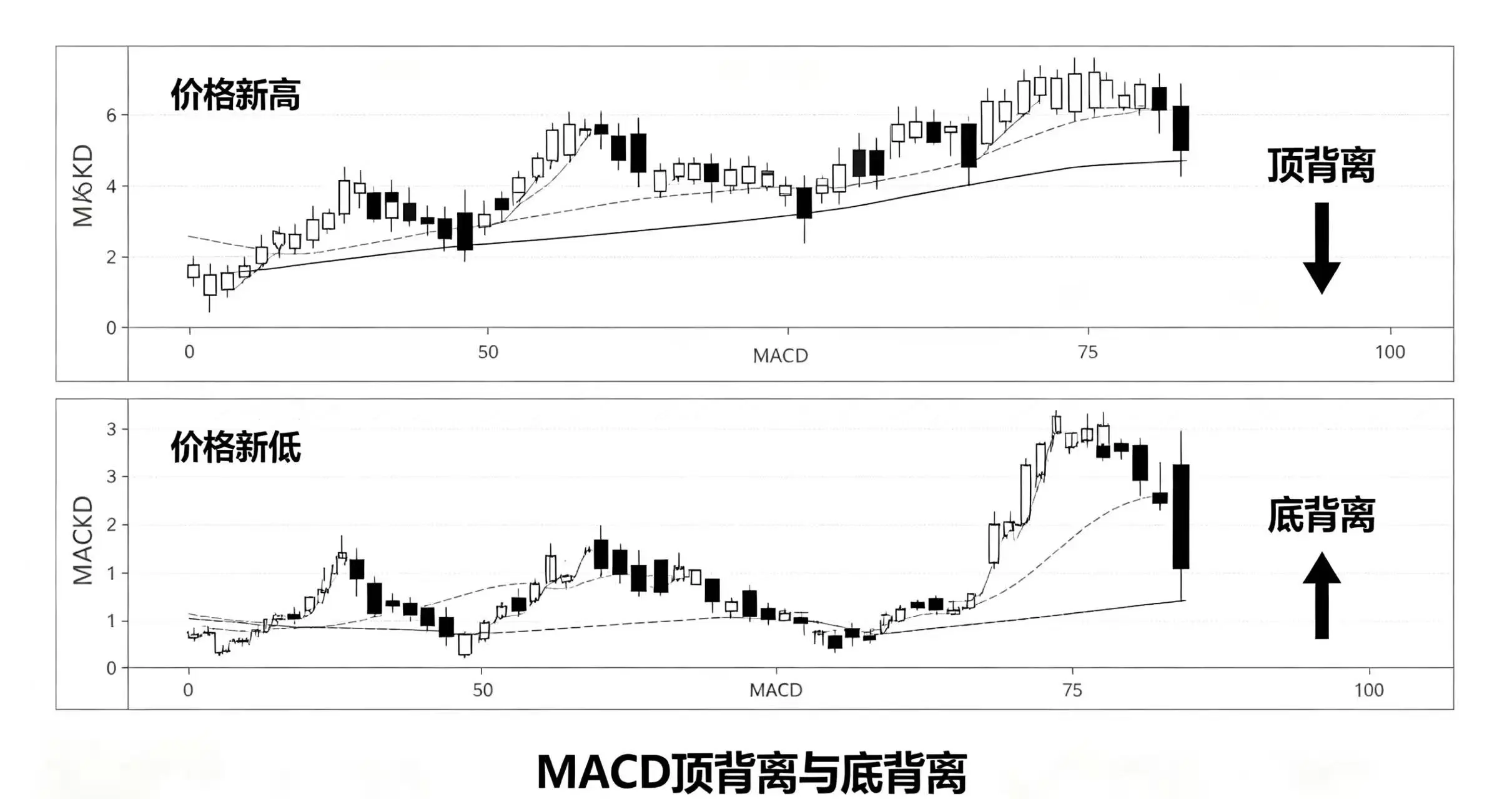 可视化展示 MACD 顶背离和底背离的形态，帮助用户识别趋势反转信号。