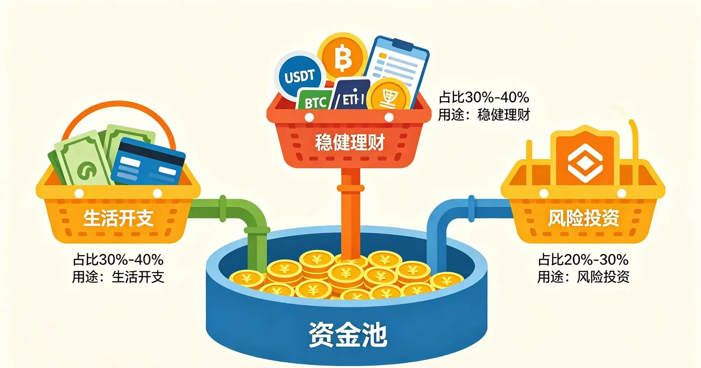 展示一个出金后资金的分层配置方案，将资金分别放入 “生活开支”、“稳健理财” 和 “风险投资” 三个不同的 “篮子” 里。