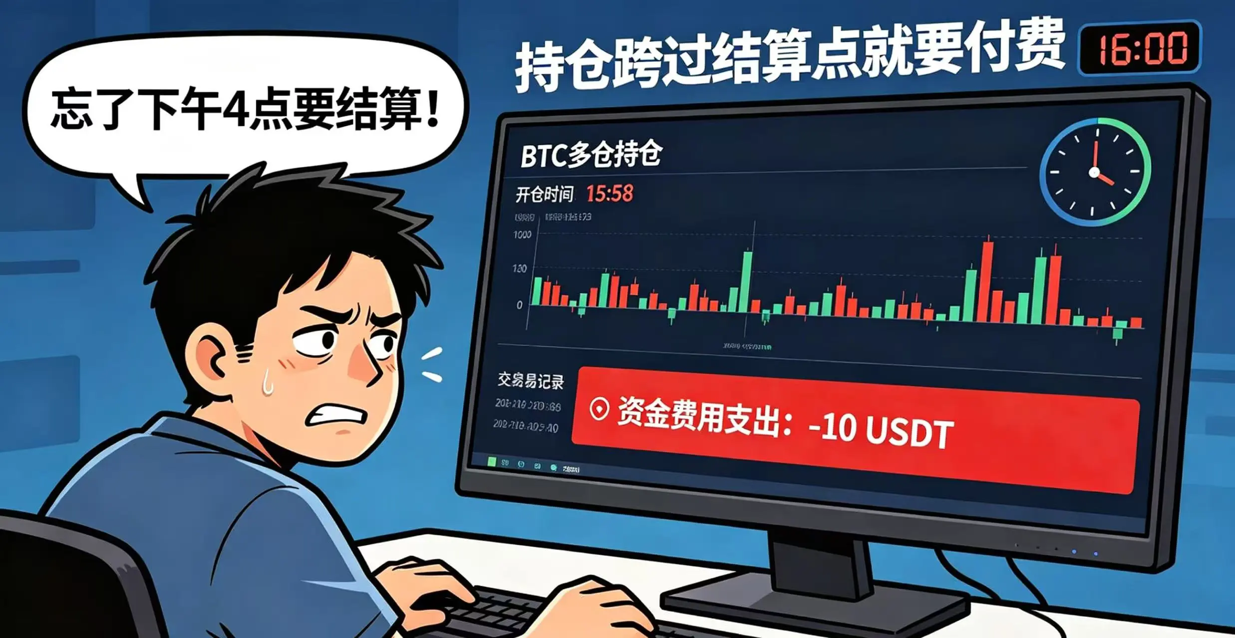 展示一个短线交易者因持仓跨过结算点而意外支付资金费用的场景,提醒交易者注意结算时间点。 展示一个短线交易者因持仓跨过结算点而意外支付资金费用的场景,提醒交易者注意结算时间点。