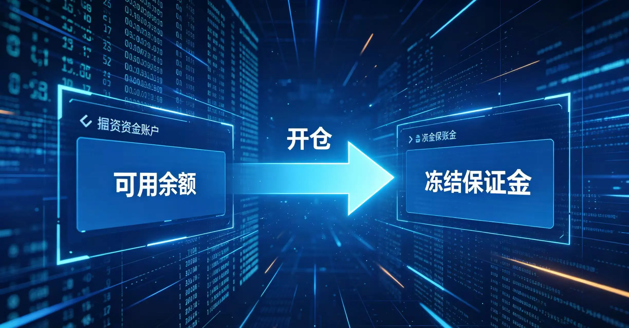 展示开仓后资金从可用余额转为冻结保证金的过程。 展示开仓后资金从可用余额转为冻结保证金的过程。