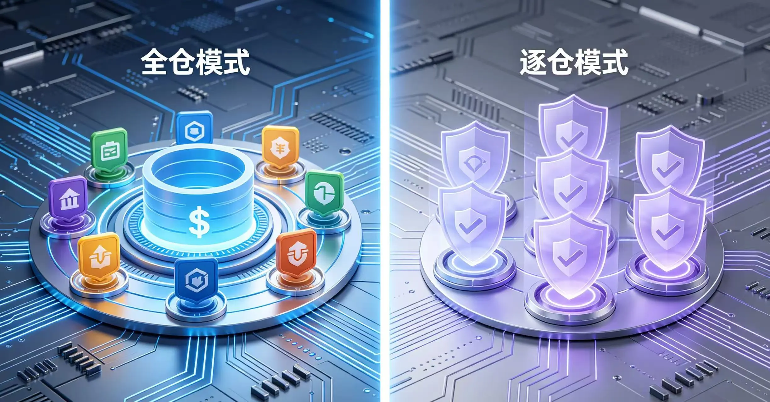 对比展示全仓模式和逐仓模式的不同风险隔离机制。 对比展示全仓模式和逐仓模式的不同风险隔离机制。