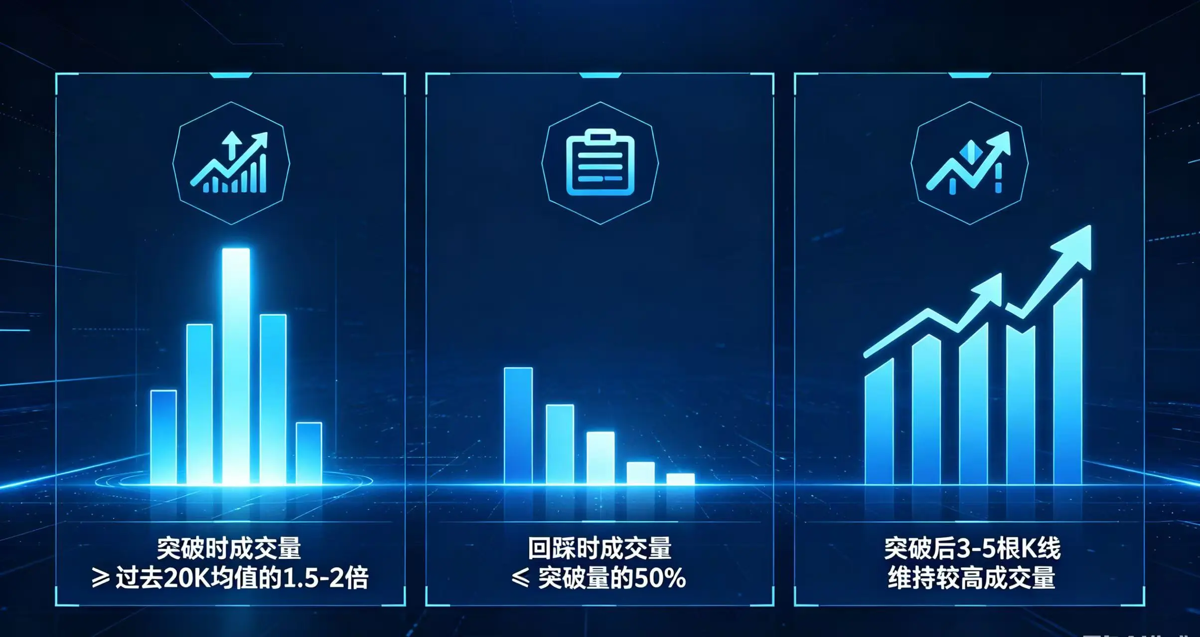 三个标准（放量突破、缩量回踩、持续放量）分别用图标和简短文字说明