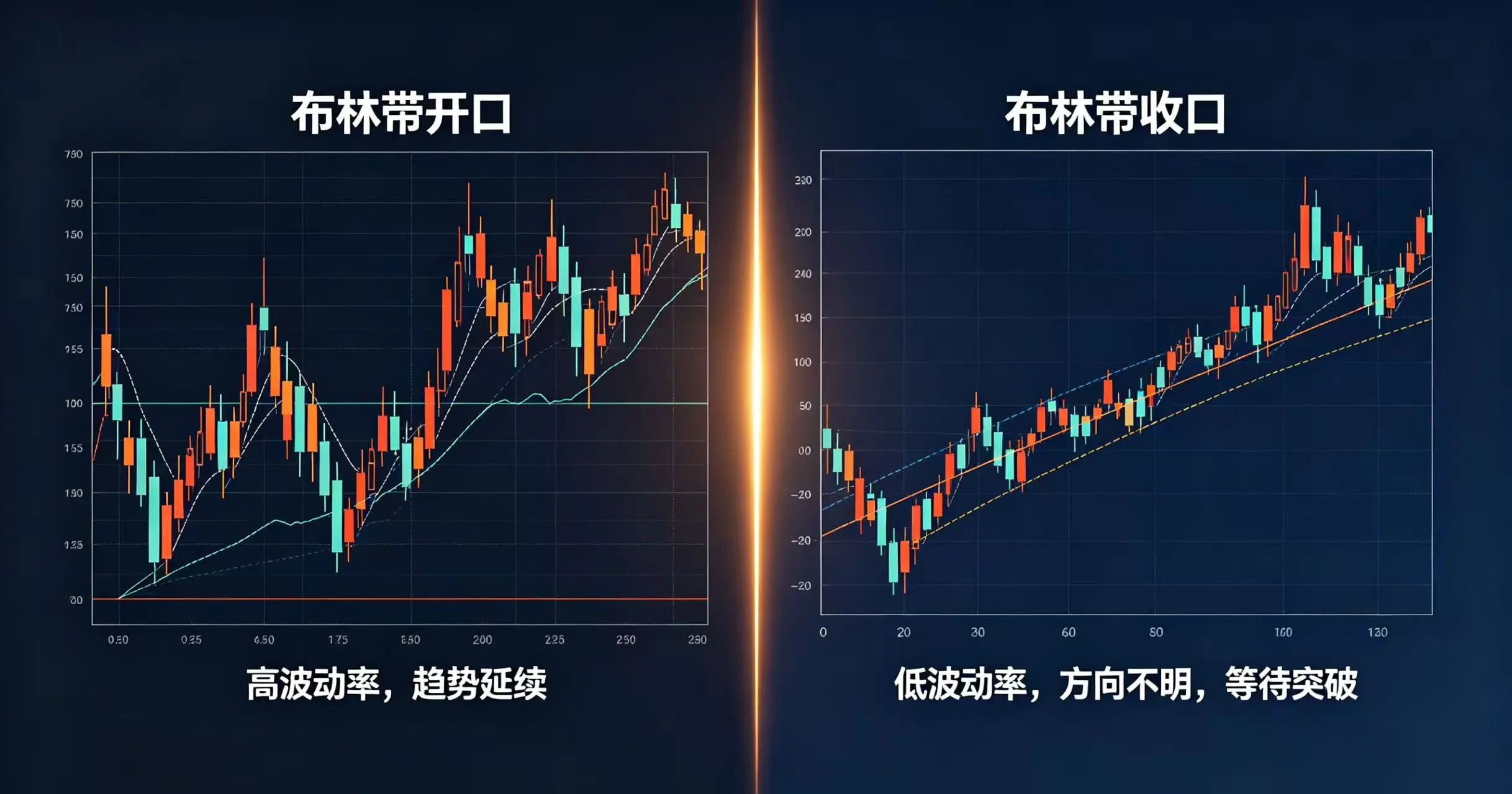  “布林带开口” 和 “布林带收口” 两种状态的对比