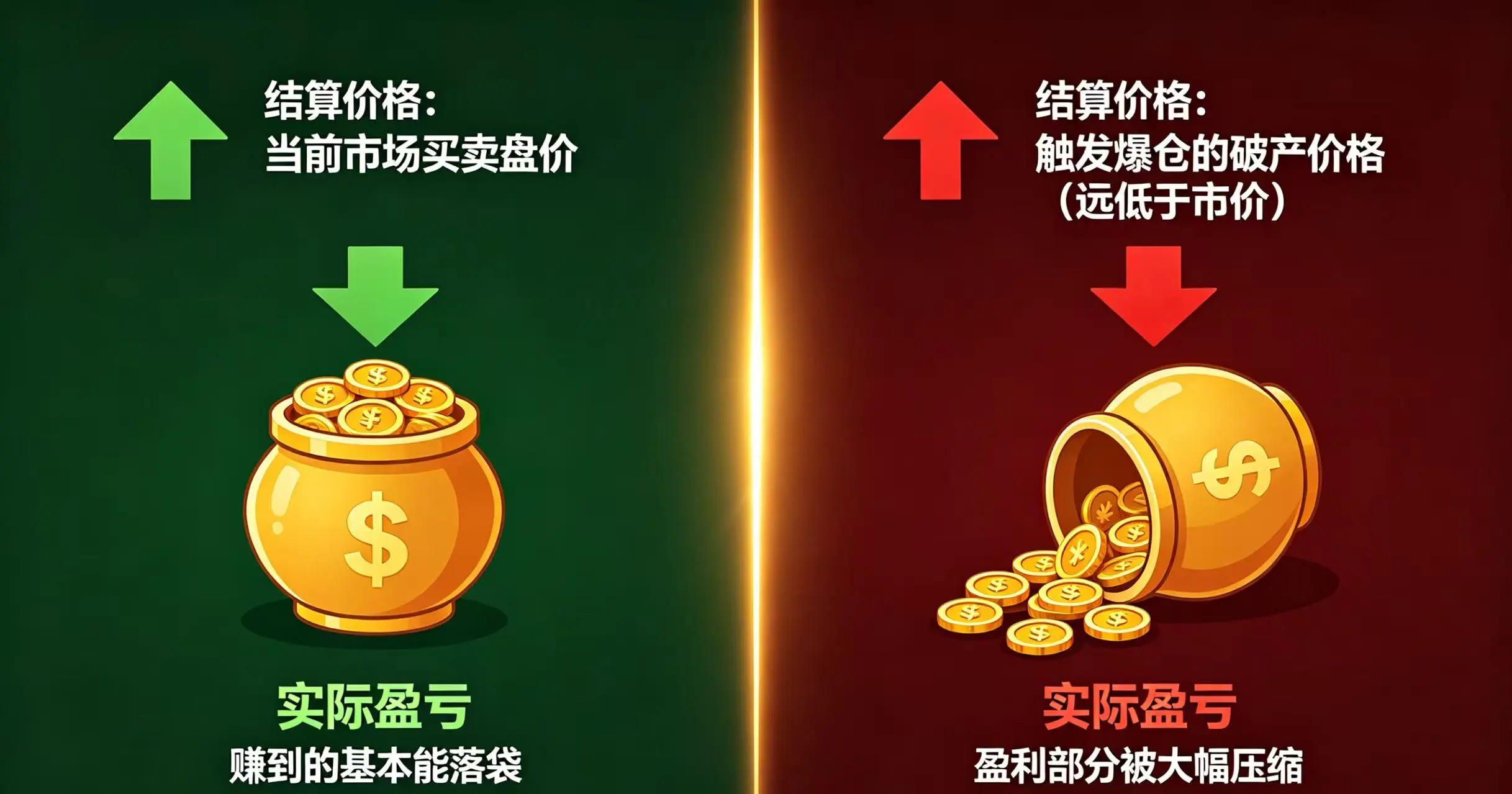 “正常市价平仓” 和 “ADL 自动减仓” 在 “结算价格” 和 “实际盈亏” 两个关键维度上的天壤之别